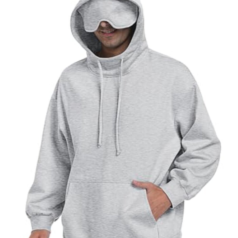 Oversized Fleece Hoodie with Built-in Eye Mask Travel Sleep Pullover Unisex - Picture 3 of 8